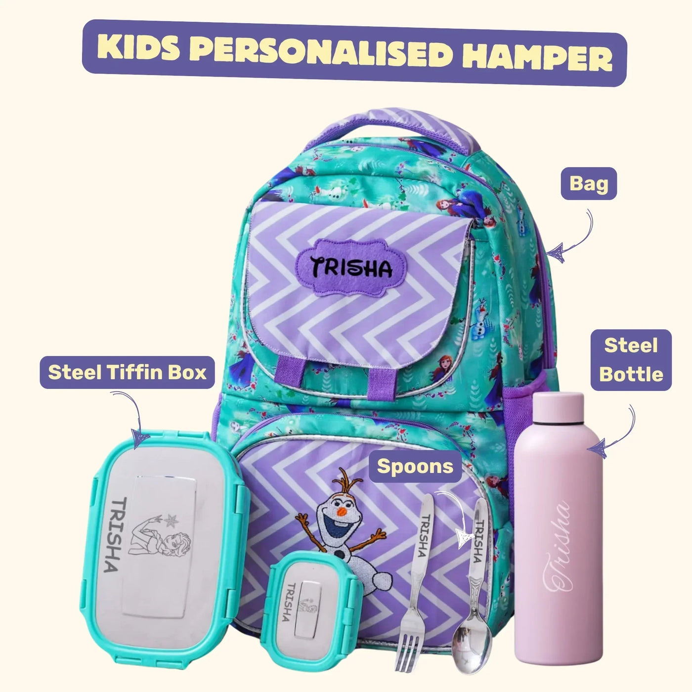 Your Gift Studio Frozen Print Kids Backpack, Tiffin, Fork, Spoon & Bottle Customised Hamper