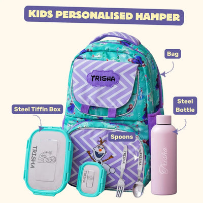 Your Gift Studio Frozen Print Kids Backpack, Tiffin, Fork, Spoon & Bottle Customised Hamper