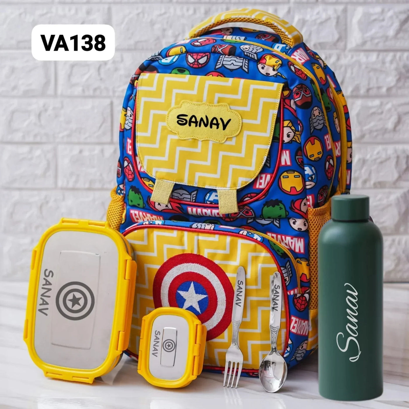 Your Gift Studio Marvel Print Kids Backpack, Tiffin, Fork, Spoon & Bottle Set Customised Hamper