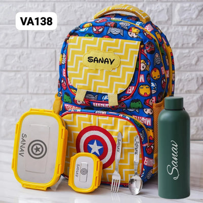 Your Gift Studio Marvel Print Kids Backpack, Tiffin, Fork, Spoon & Bottle Set Customised Hamper
