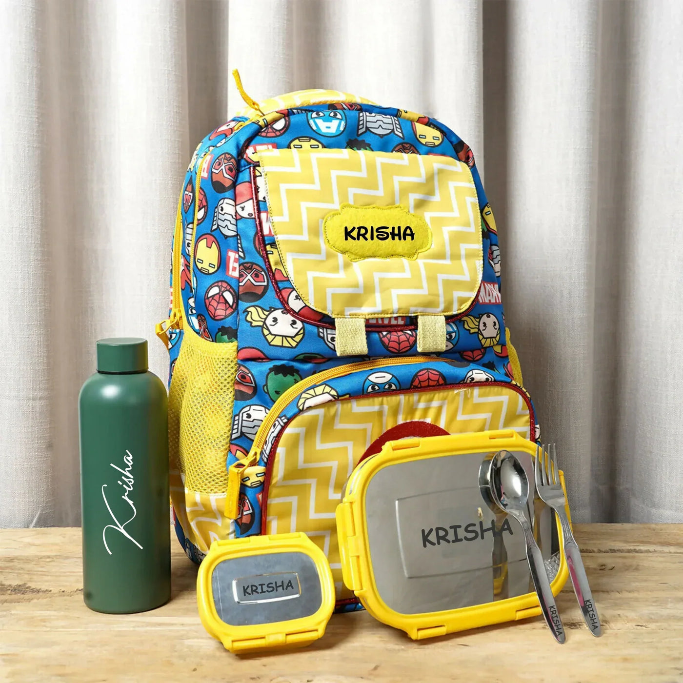Your Gift Studio Marvel Print Kids Backpack, Tiffin, Fork, Spoon & Bottle Set Customised Hamper