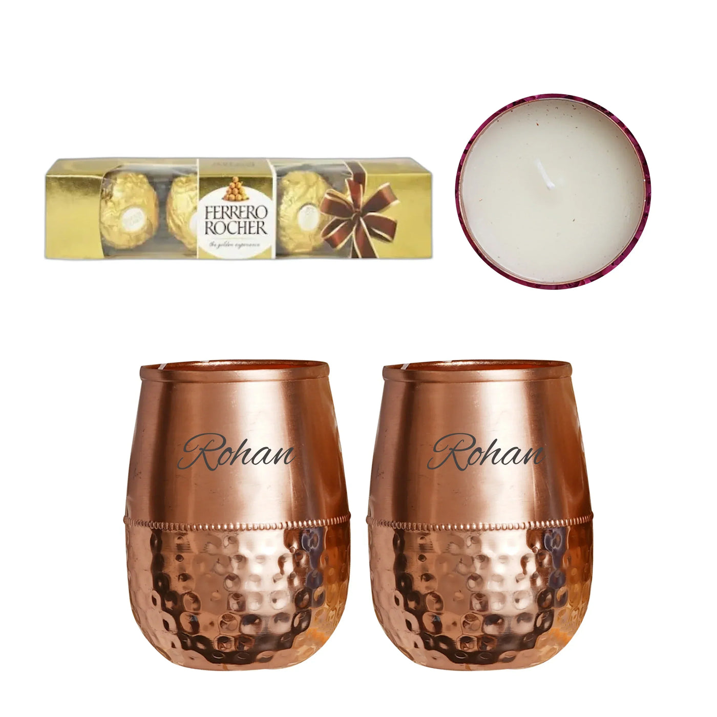 Customized Diwali Gift Combo- 2 Copper glass jar, Almonds (101g),Metal Candle-Golden