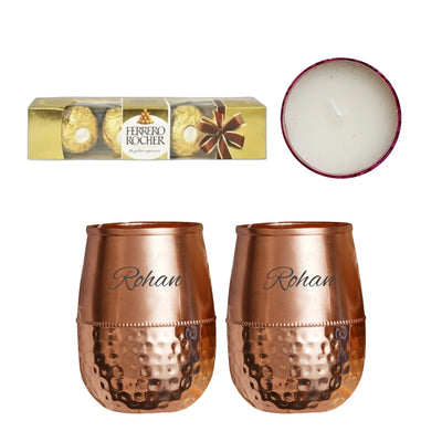 Customized Diwali Gift Combo- 2 Copper glass jar, Almonds (101g),Metal Candle-Golden