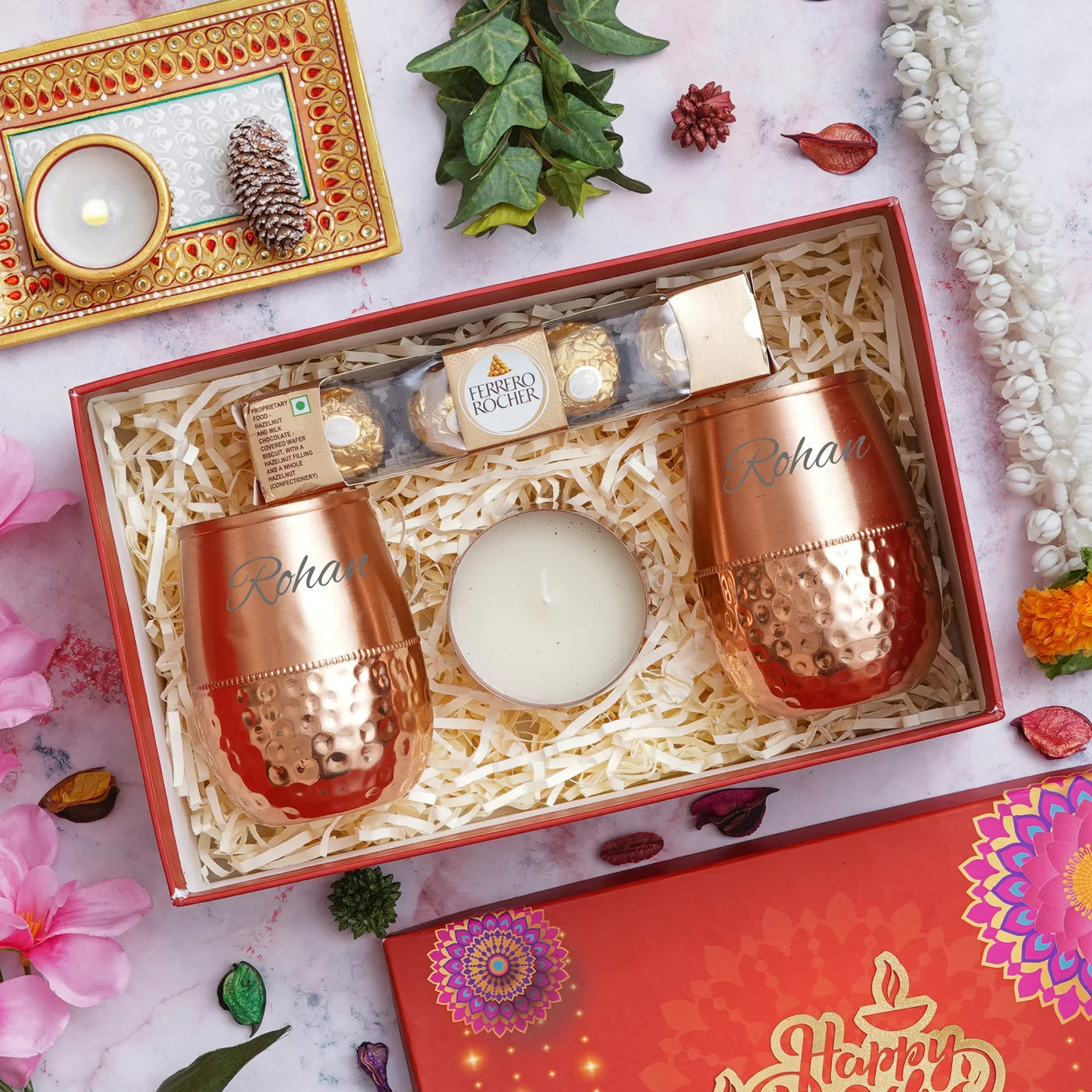 Customized Diwali Gift Combo- 2 Copper glass jar, Almonds (101g),Metal Candle-Golden