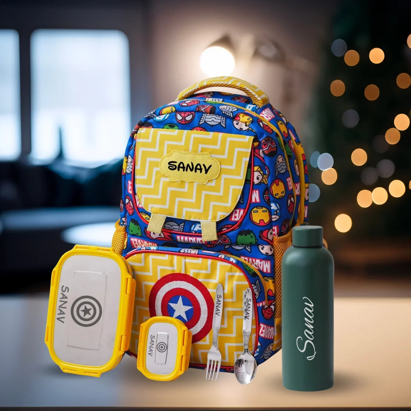 Your Gift Studio Marvel Print Kids Backpack, Tiffin, Fork, Spoon & Bottle Set Customised Hamper