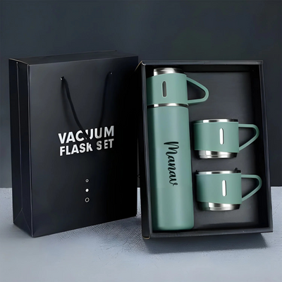 Personalized Stainless Steel Water Bottle Vacuum Flask Set with 3 Steel Cups Combo