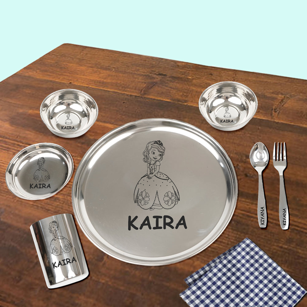 Your Gift Studio Personalized Meal Time 7pcs Combo Gift Set - (Plate, Glass, Fork, Spoon, Bowl, Sweet Bowl)