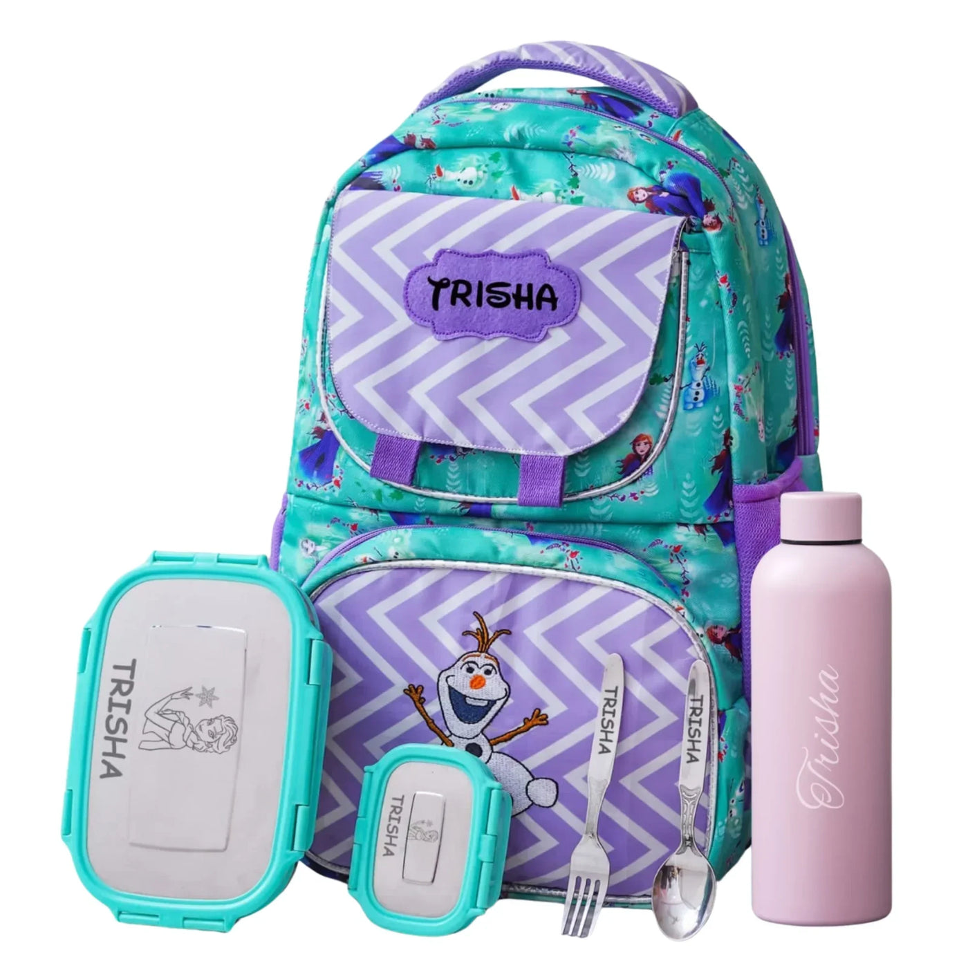 Your Gift Studio Frozen Print Kids Backpack, Tiffin, Fork, Spoon & Bottle Customised Hamper