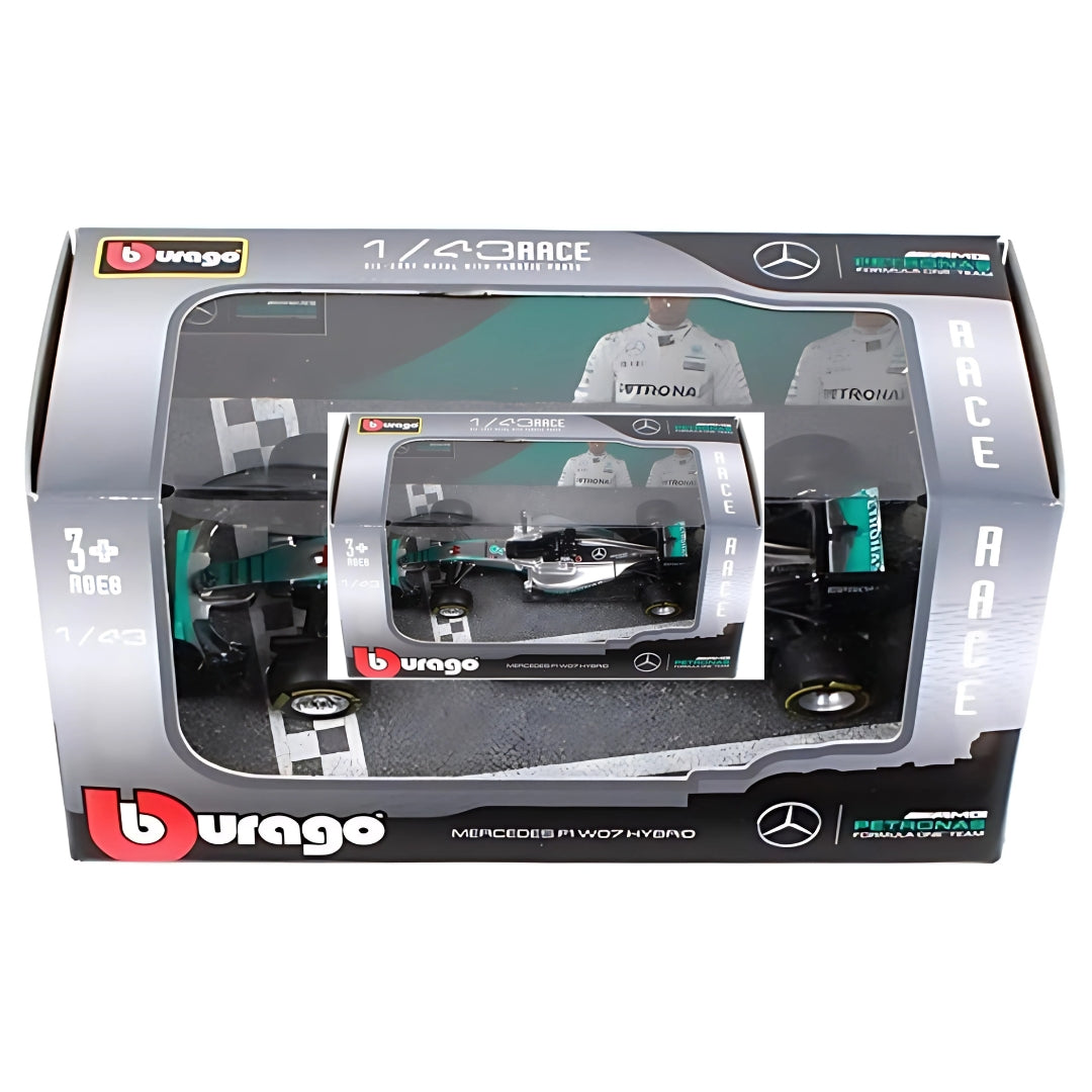 Bburago - 1/43 Scale Model - 2016 Silver Racing Mercedes F1 W07 Hybrid #43 Lewis Hamilton Diecast Model Car