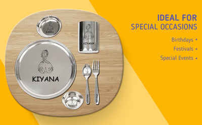 Your Gift Studio Personalized Meal Time 7pcs Combo Gift Set - (Plate, Glass, Fork, Spoon, Bowl, Sweet Bowl)