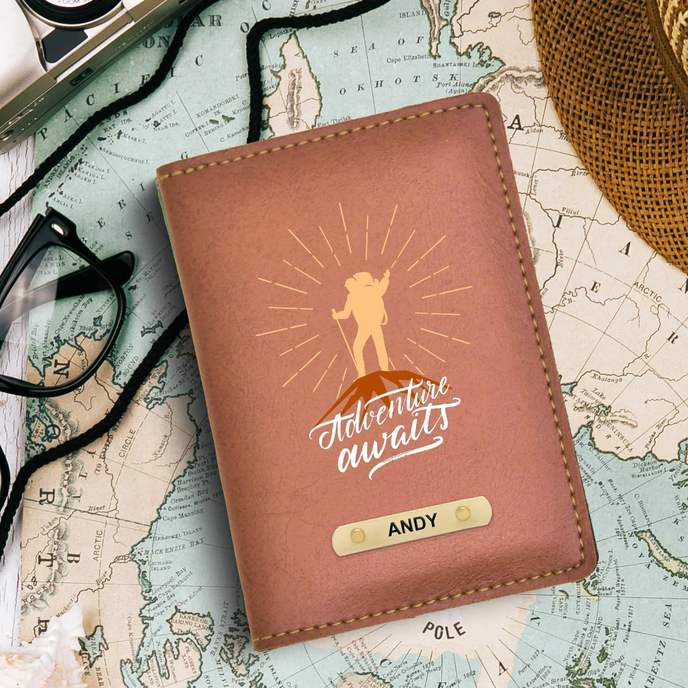 Adventure Awaits Print Personalised Nexon Passport Cover - Brown