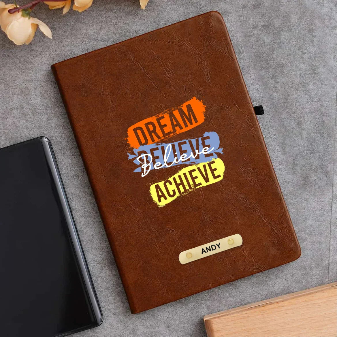 Dream Believe Achieve Printed Hard Cover Diary - Tan