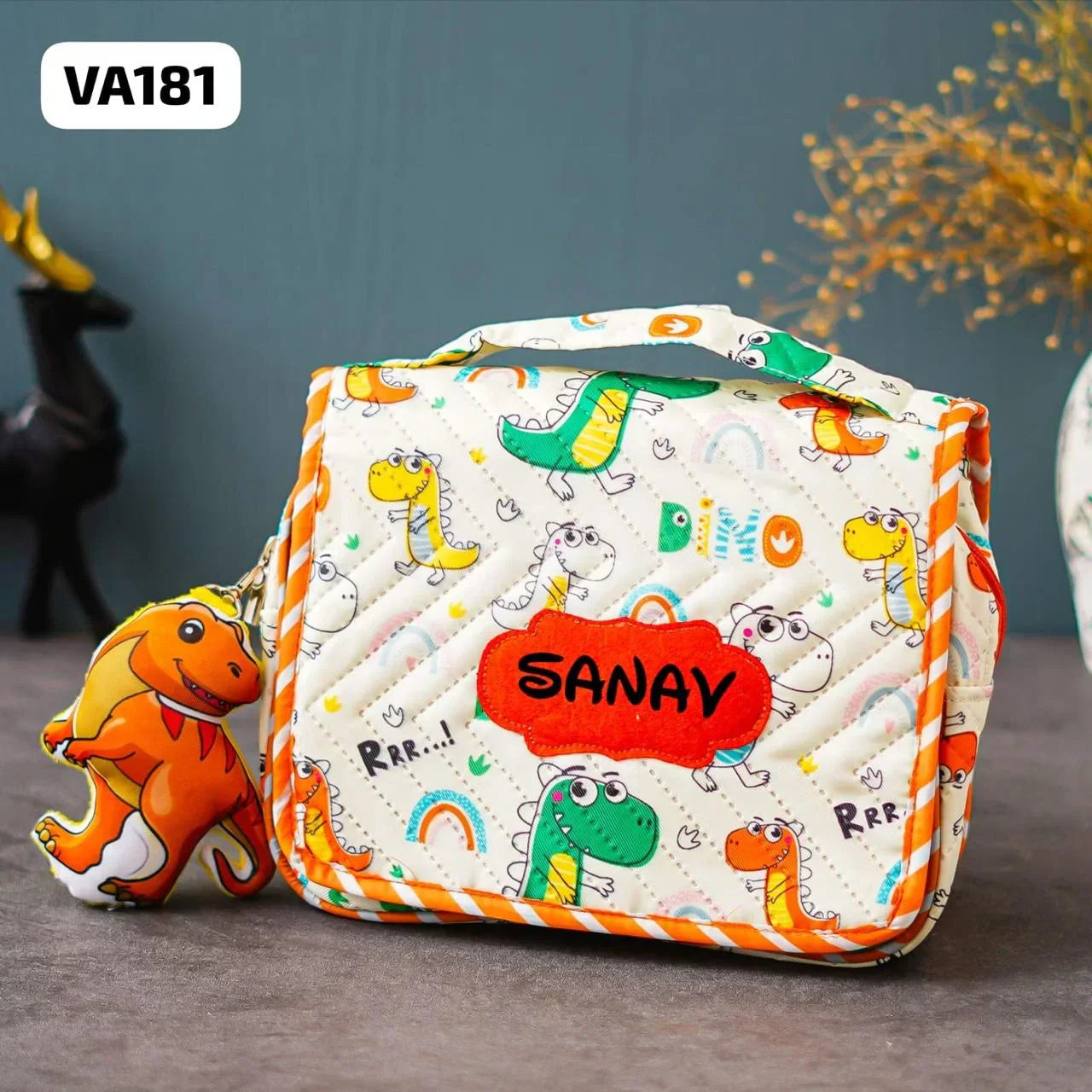 Your Gift Studio Dinosaur Print Customised Multipurpose Travel Kit For Kids (Orange)