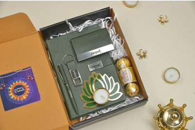 2024 Diwali Combo 2.0 (Classy Metal Flip Card Cover Diary + Classy Metal Keychain + Pen + Classy Steel Cardholder + Ferrero Rocher + Diya) Olive Green