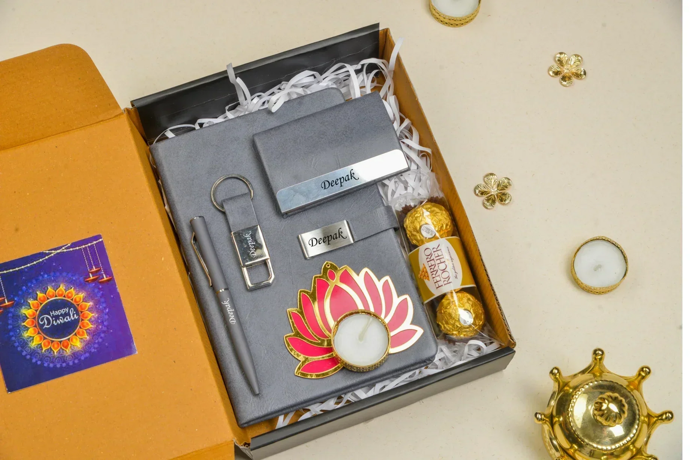 2024 Diwali Combo 2.0 (Classy Metal Flip Card Cover Diary + Classy Metal Keychain + Pen + Classy Steel Cardholder + Ferrero Rocher + Diya) Grey