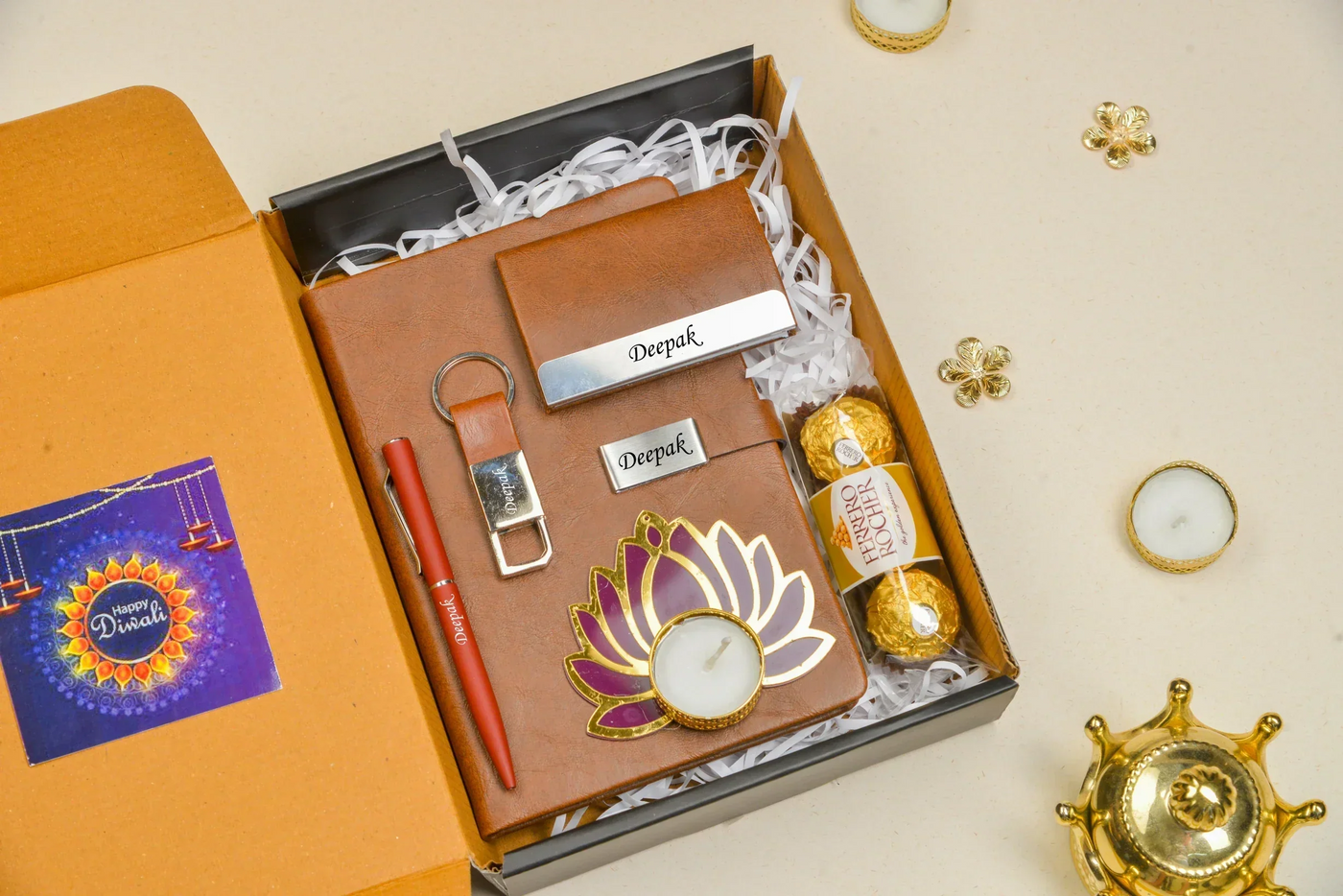 2024 Diwali Combo 2.0 (Classy Metal Flip Card Cover Diary + Classy Metal Keychain + Pen + Classy Steel Cardholder + Ferrero Rocher + Diya) - Tan