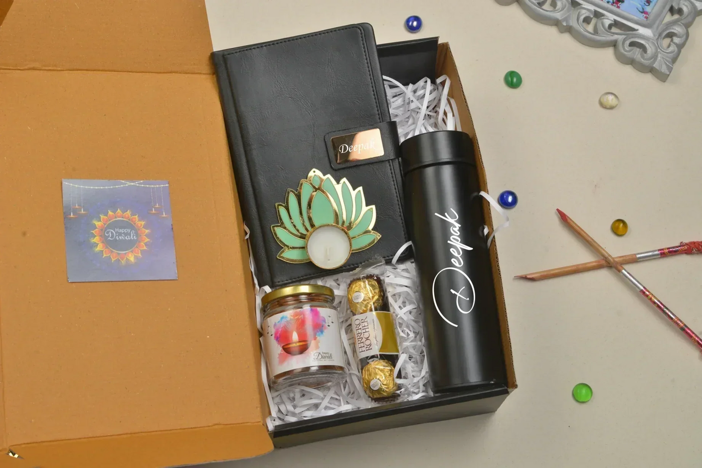 2024 Diwali Combo 3.0 (Classy Executive Flip Diary + Dryfruit Jar+  Ferrero Rocher + Classic Bottle) - Black