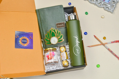 2024 Diwali Combo 3.0 (Classy Executive Flip Diary + Dryfruit Jar+  Ferrero Rocher + Classic Bottle)Olive Green