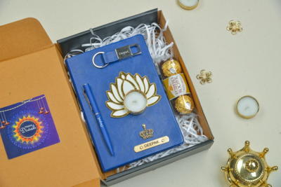 2024 Diwali Combo 1.0 (Classy hard cover diary + classy metal keychain + classic metal pen + Ferrero Rocher + Diya) - Royal Blue