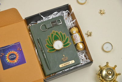 2024 Diwali Combo 1.0 (Classy hard cover diary + classy metal keychain + classic metal pen + Ferrero Rocher + Diya) - Olive Green