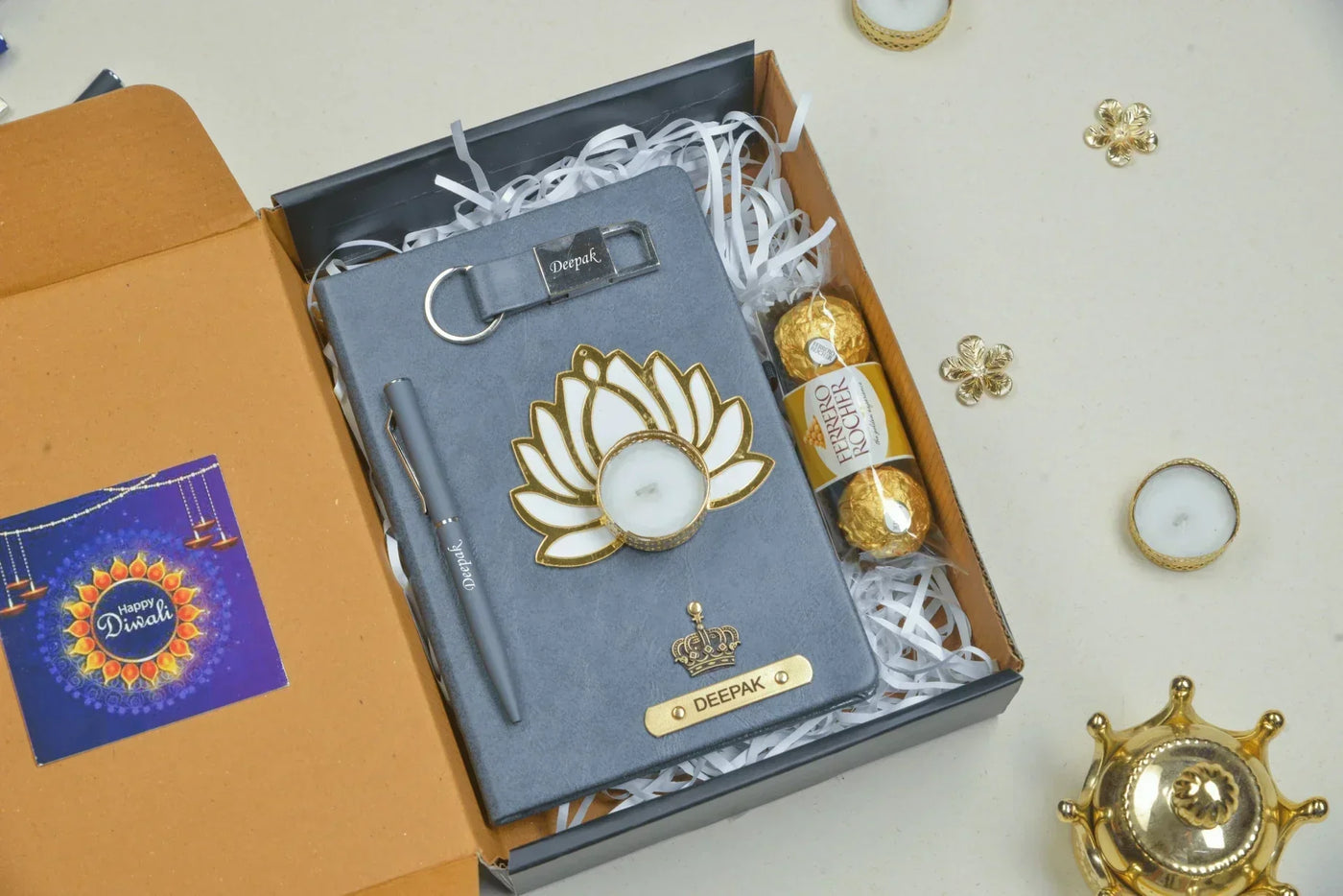 2024 Diwali Combo 1.0 (Classy hard cover diary + classy metal keychain + classic metal pen + Ferrero Rocher + Diya) - Grey