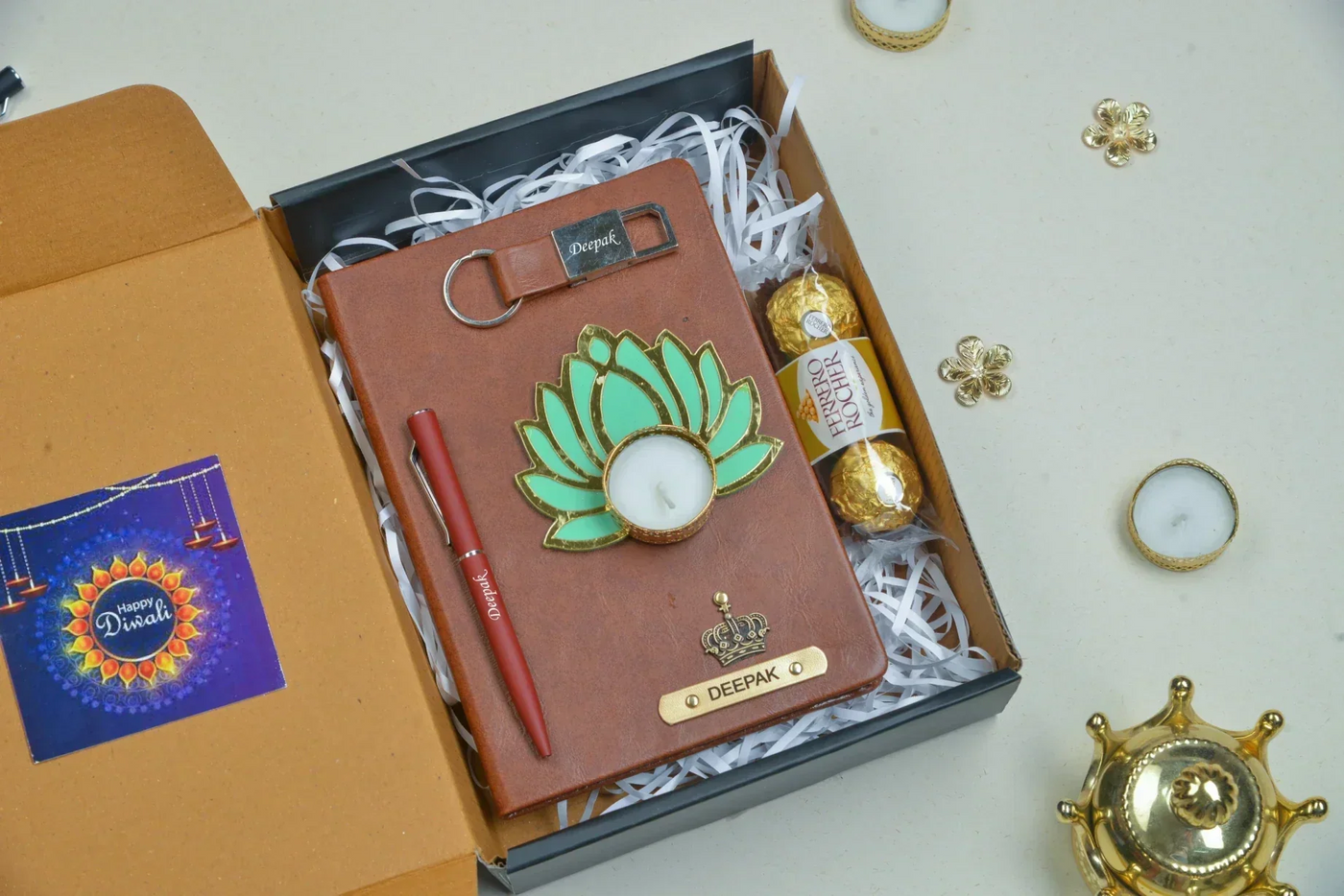 2024 Diwali Combo 1.0 (Classy hard cover diary + classy metal keychain + classic metal pen + Ferrero Rocher + Diya) - Tan