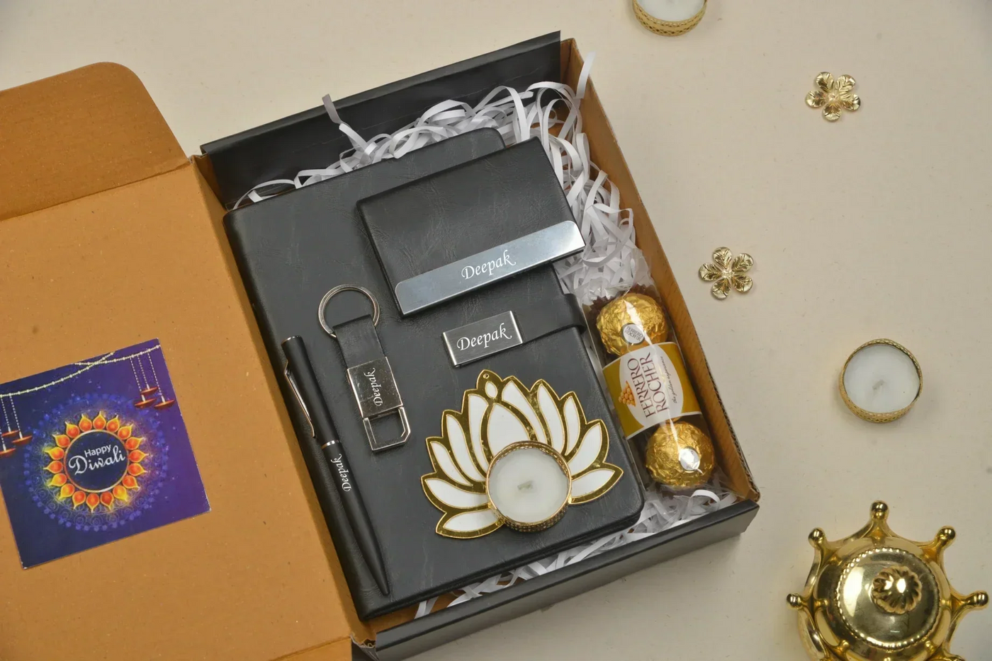 2024 Diwali Combo 2.0 (Classy Metal Flip Card Cover Diary + Classy Metal Keychain + Pen + Classy Steel Cardholder + Ferrero Rocher + Diya) - Black