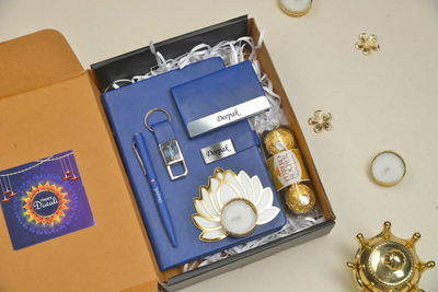 2024 Diwali Combo 2.0 (Classy Metal Flip Card Cover Diary + Classy Metal Keychain + Pen + Classy Steel Cardholder + Ferrero Rocher + Diya) Royal Blue