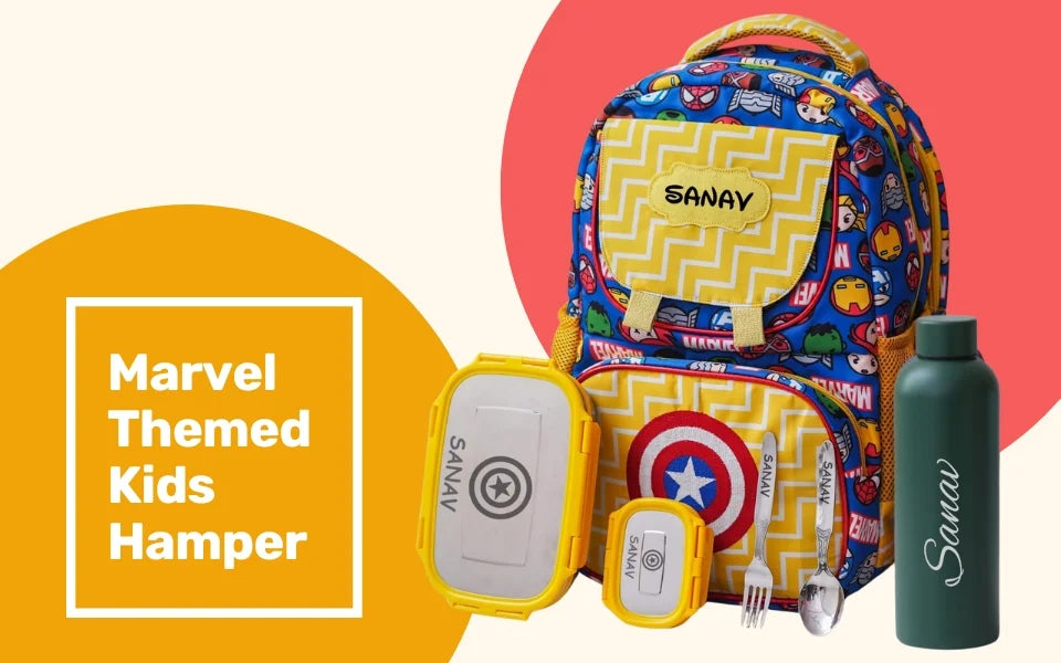 Your Gift Studio Marvel Print Kids Backpack, Tiffin, Fork, Spoon & Bottle Set Customised Hamper