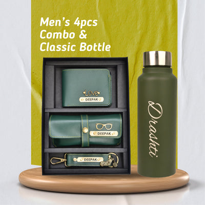 Personalized Best Vegan Leather Combo with Water Bottle - Green