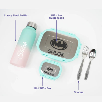 Personalised Engraved Tiffin Box Set With Bottle - Large - Light Green