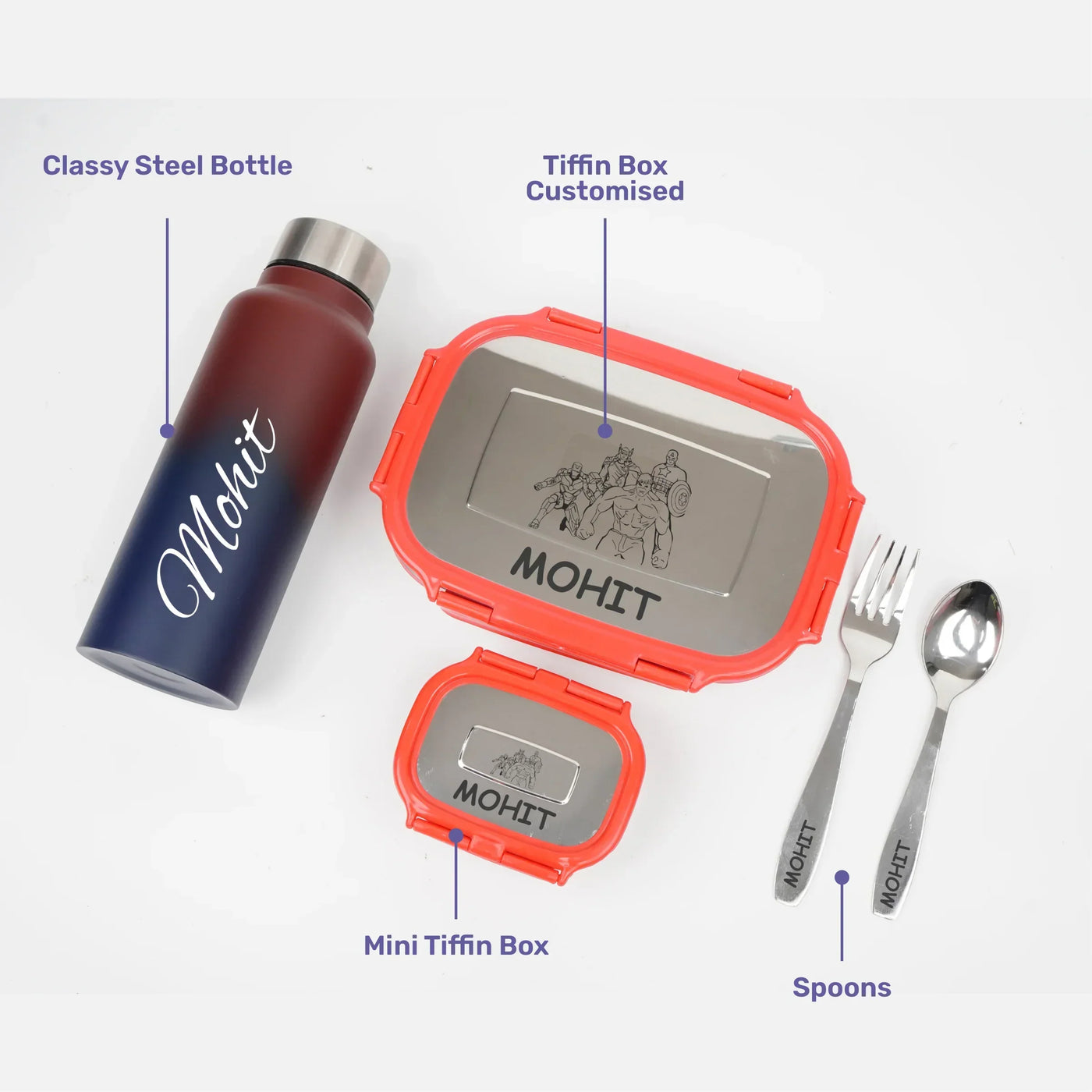 Personalised Engraved Tiffin Box Set With Bottle - Large - Red