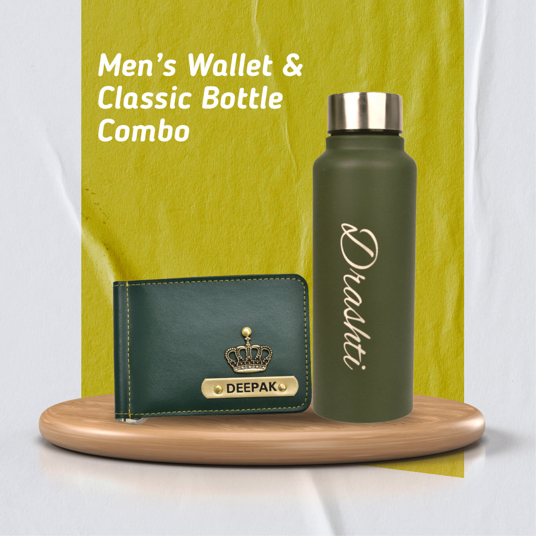 Personalized Perfect Unisex Money Clip and Classy Water Bottle - Green