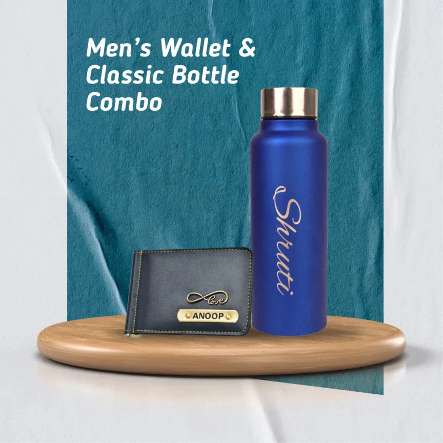 Personalized Perfect Unisex Money Clip and Classy Water Bottle - Blue