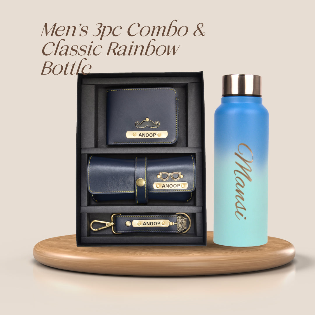 Customized Best Vegan Leather Combo with Water Bottle - Blue