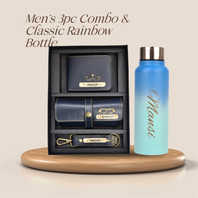 Customized Best Vegan Leather Combo with Water Bottle - Blue