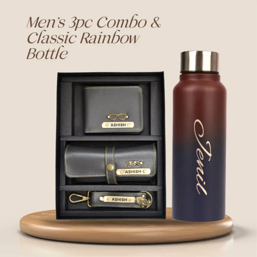 Customized Best Vegan Leather Combo with Water Bottle - Green