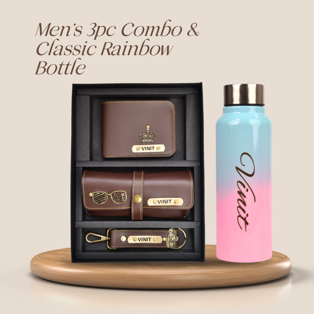 Customized Best Vegan Leather Combo with Water Bottle - Brown