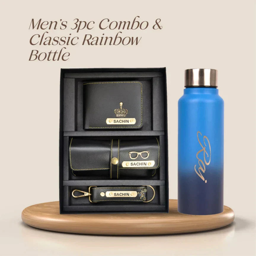 Customized Best Vegan Leather Combo with Water Bottle - Black