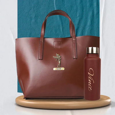 Personalized Perfect Women Tote Bag and Water Bottle - Brown