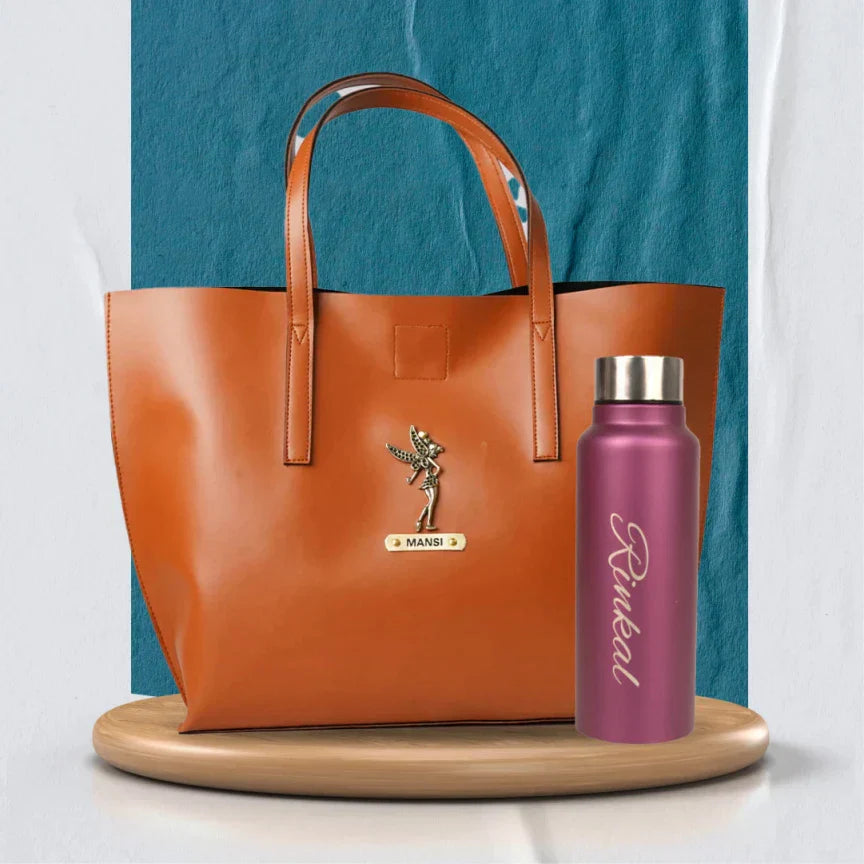 Personalized Perfect Women Tote Bag and Water Bottle - Tan