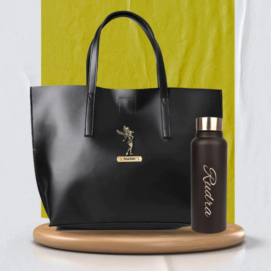 Personalized Perfect Women Tote Bag and Water Bottle - Black