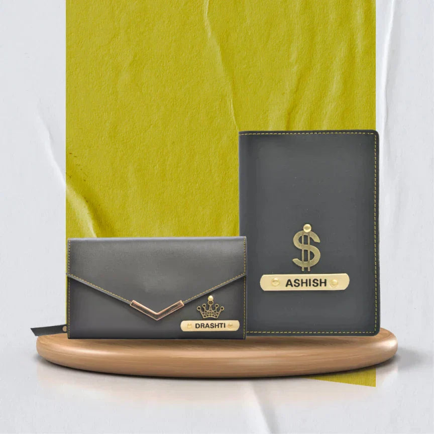 Personalized Lady Wallet and Passport Cover Combo - Grey