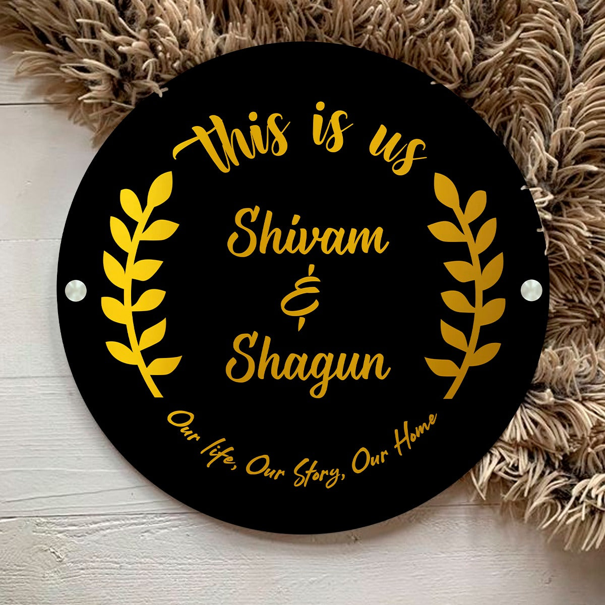 Premium Circular 3D Golden Leaf Name Plate