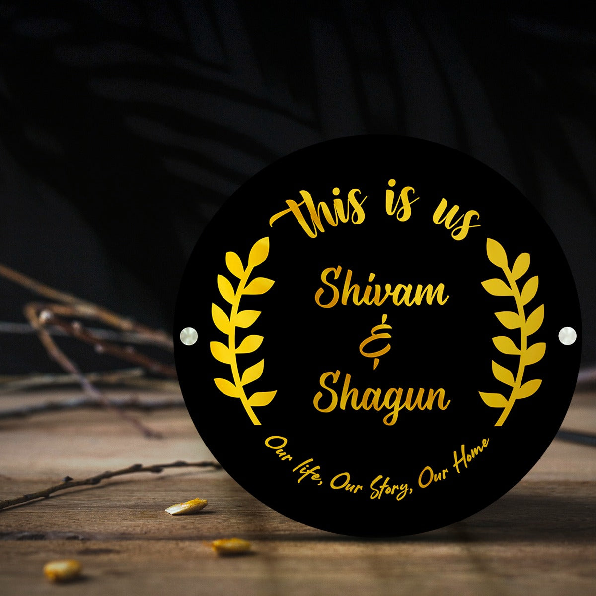 Premium Circular 3D Golden Leaf Name Plate