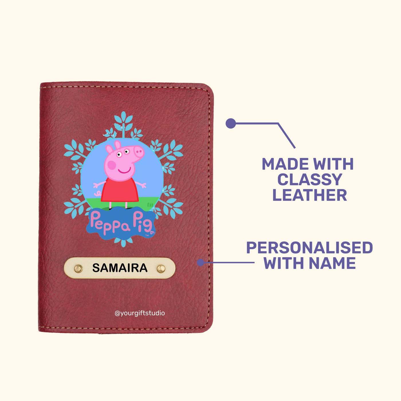 Peppa Pig Print Personalised Nexon Passport Cover - Maroon