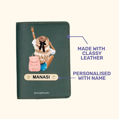 Travel Girl Print Personalised Nexon Passport Cover - Olive Green