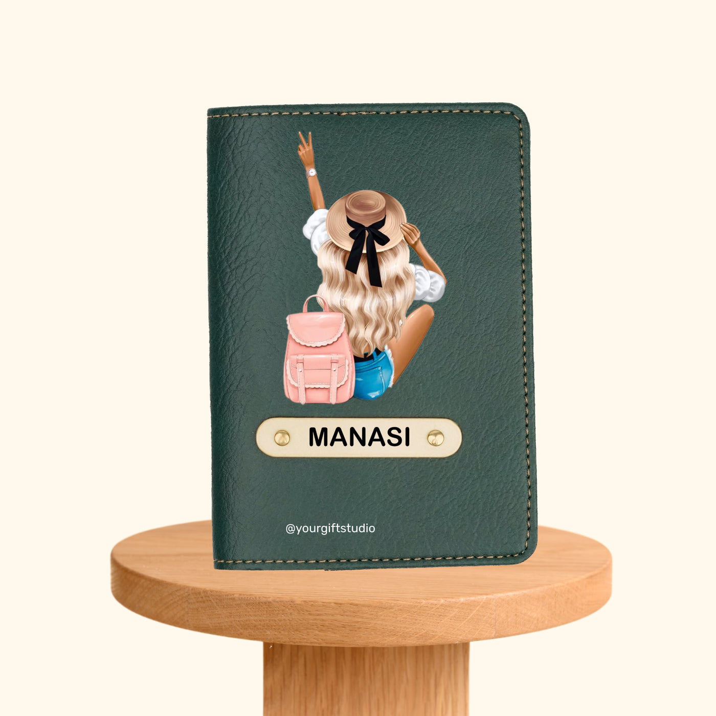 Travel Girl Print Personalised Nexon Passport Cover - Olive Green