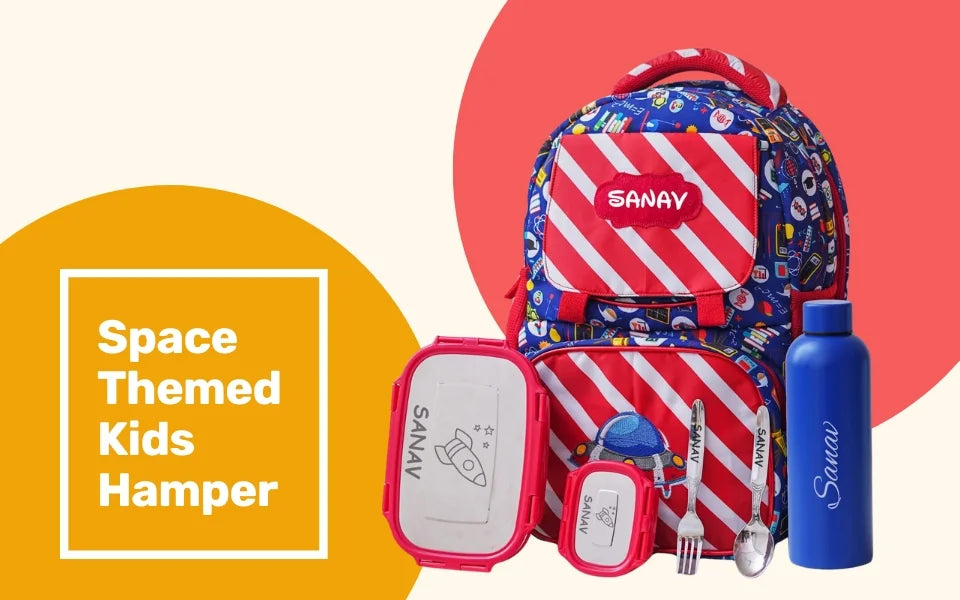 Your Gift Studio Space Print Kids Backpack, Tiffin, Fork, Spoon & Bottle Customised Hamper