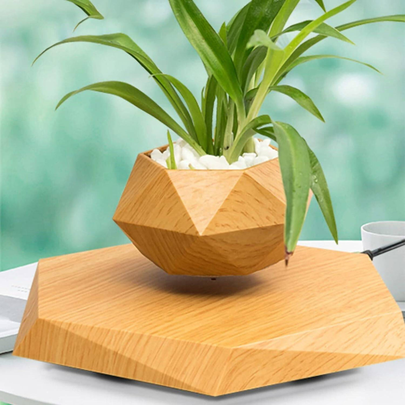 Magnetic Levitating Flower Pot Negative Ion Geometry 360° Floating Bonsai Planter - Wood Colour (Plants Not Included) (No Cash On Delivery Allowed On This Product) - Prepaid Orders Only